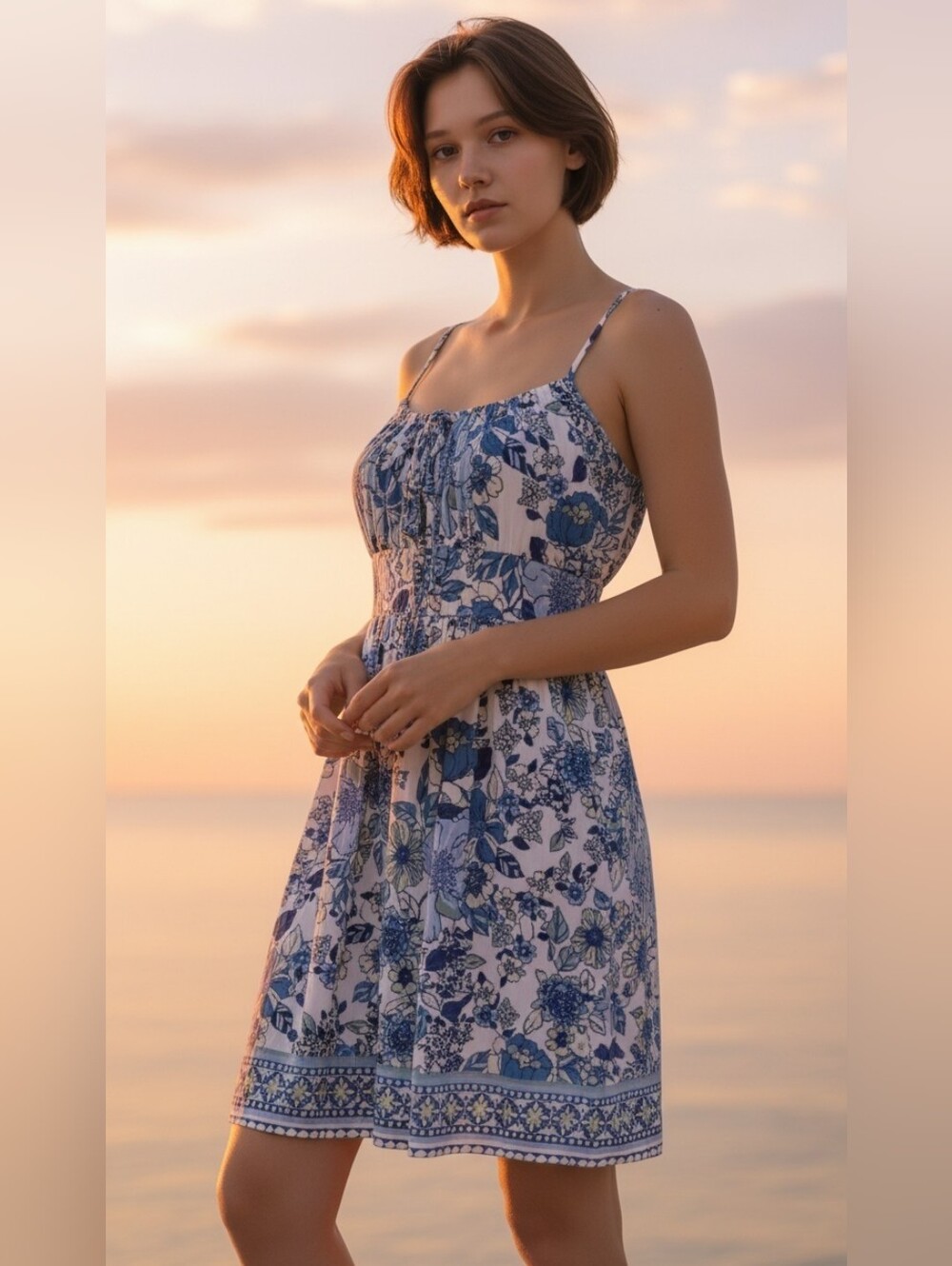 Clearence - Angie Blue and White Floral Spaghetti-Strap Mini Dress